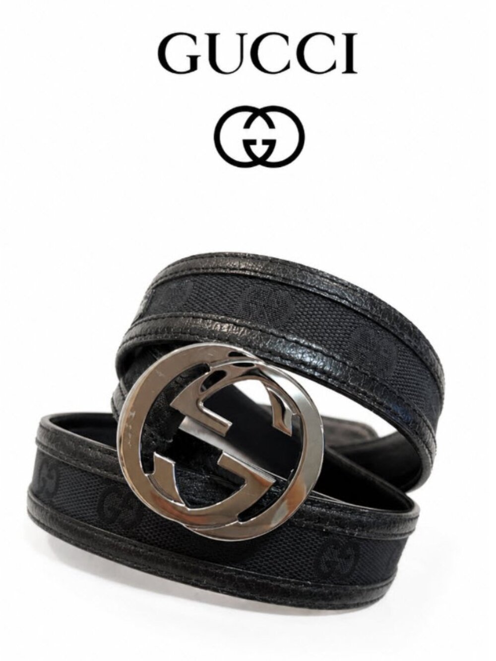 Gucci Black GG Canvas Leather Belt Silver Double G Buckle Women's Designer Lux